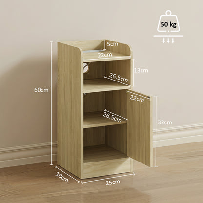 HOMCOM Slim Bedside Table Set of 2 with Charging Station, Narrow Bedside Cabinet with Adjustable Shelf, Oak