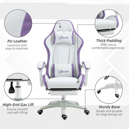 Vinsetto Computer Gaming Chair, PU Leather Office Desk Chair with Footrest, Swivel Wheels, 135° Reclining Back, Lumbar Support, Headrest for Home, White and Purple