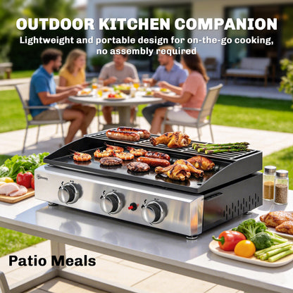 Outsunny 3 Burner Grill Griddle, Portable Gas Plancha with Warming Rack, 7.5 kW, Tabletop Gas BBQ with Grease Cup, Black
