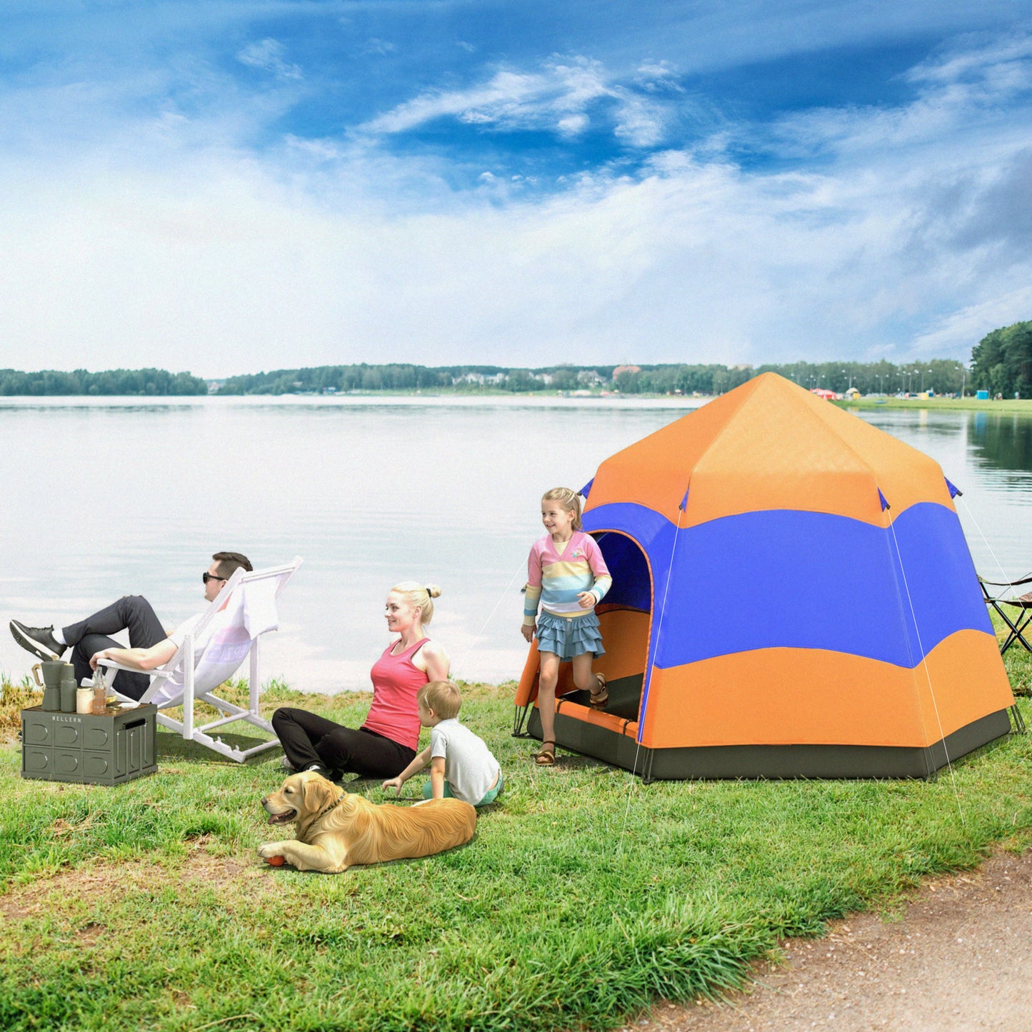 Outsunny Six Man Hexagon Camping Tent with Hang Hook and Carry Bag - Orange and Blue