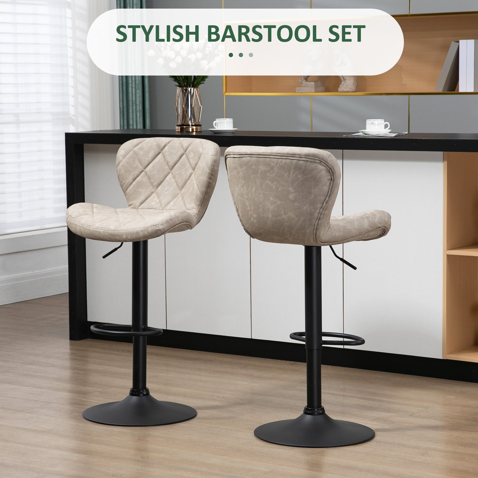 HOMCOM Bar Stools, Set of 2 Breakfast Bar Chairs, Swivel Barstools with Backrest and Footrest, Steel Frame Diamond Pattern PU, for Kitchen Counter, Dining Room, Light Khaki--ChewyGames-ChewyGames