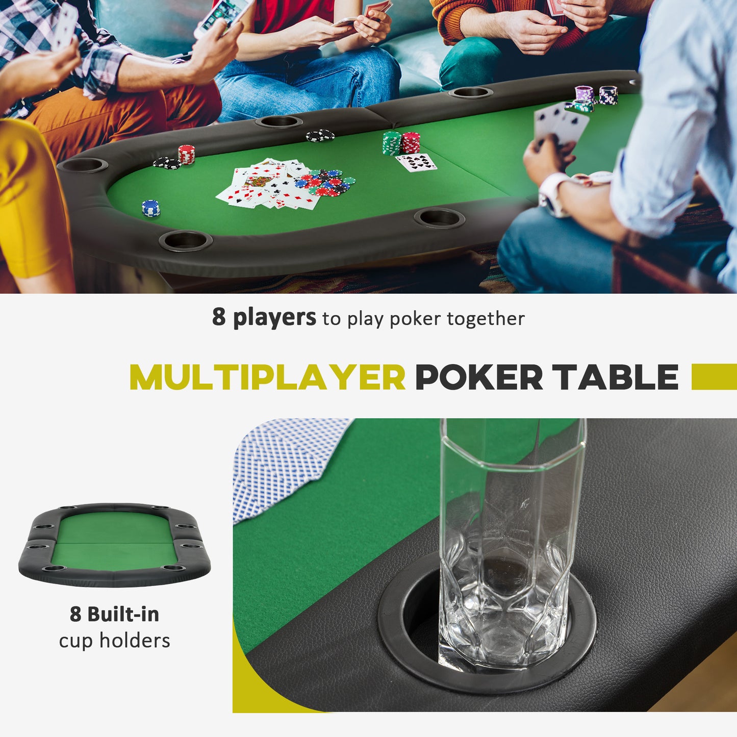 HOMCOM 8 Player Folding Poker Table, Oval Portable Blackjack Casino Table with Cup Holder, Felt Top and Metal Base, 183 x 82 x 75cm, Green and Black-Indoor Games-ChewyGames-ChewyGames