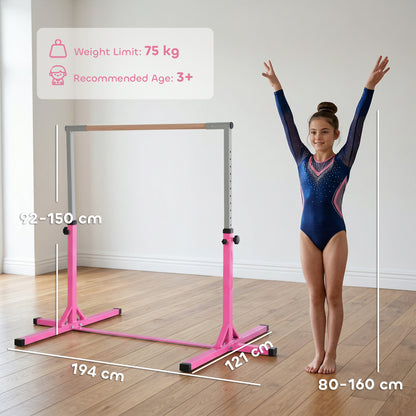 HOMCOM Height Adjustable Gymnastics Horizontal Bar for Kids, Children Junior Kip High Bar Fitness, Pink