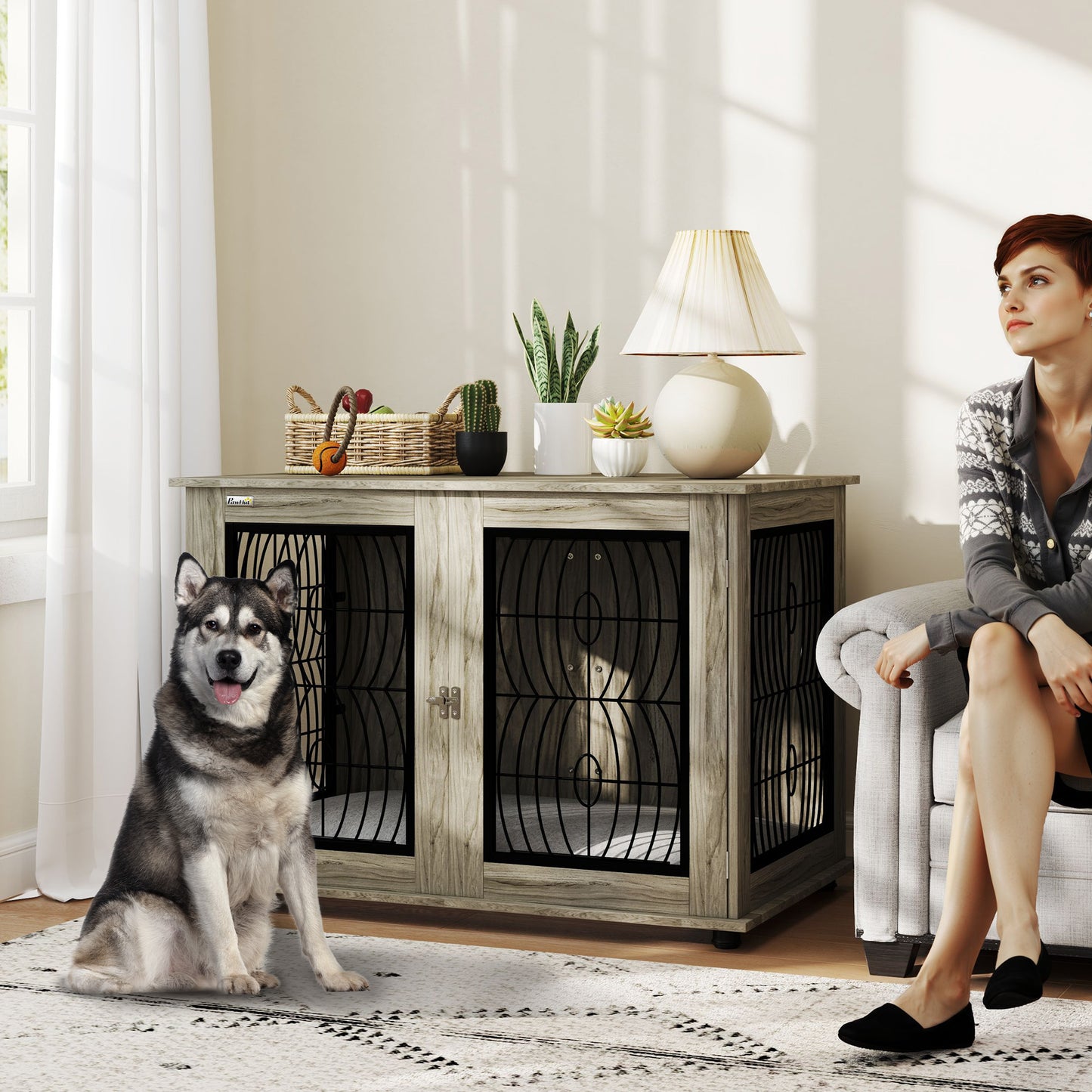 PawHut 46.46'' Dog Crate Furniture Table with Soft Washable Cushion and Lockable Door, for Large Indoor Dogs, Grey
