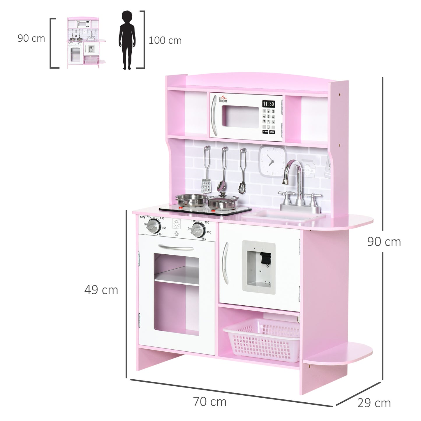 HOMCOM Kids Kitchen Playset, with Lights, Sounds, Microwave, Sink and Storage - Pink--ChewyGames-ChewyGames