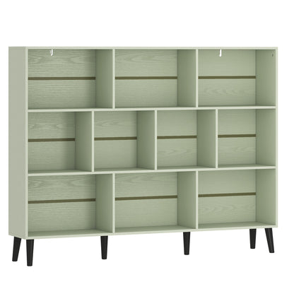 HOMCOM 10-Cube Bookcase, 3-Tier Book Shelf with Solid Wood Legs, 140 cm Modern Bookshelf with Anti-Tip Kit, Light Green
