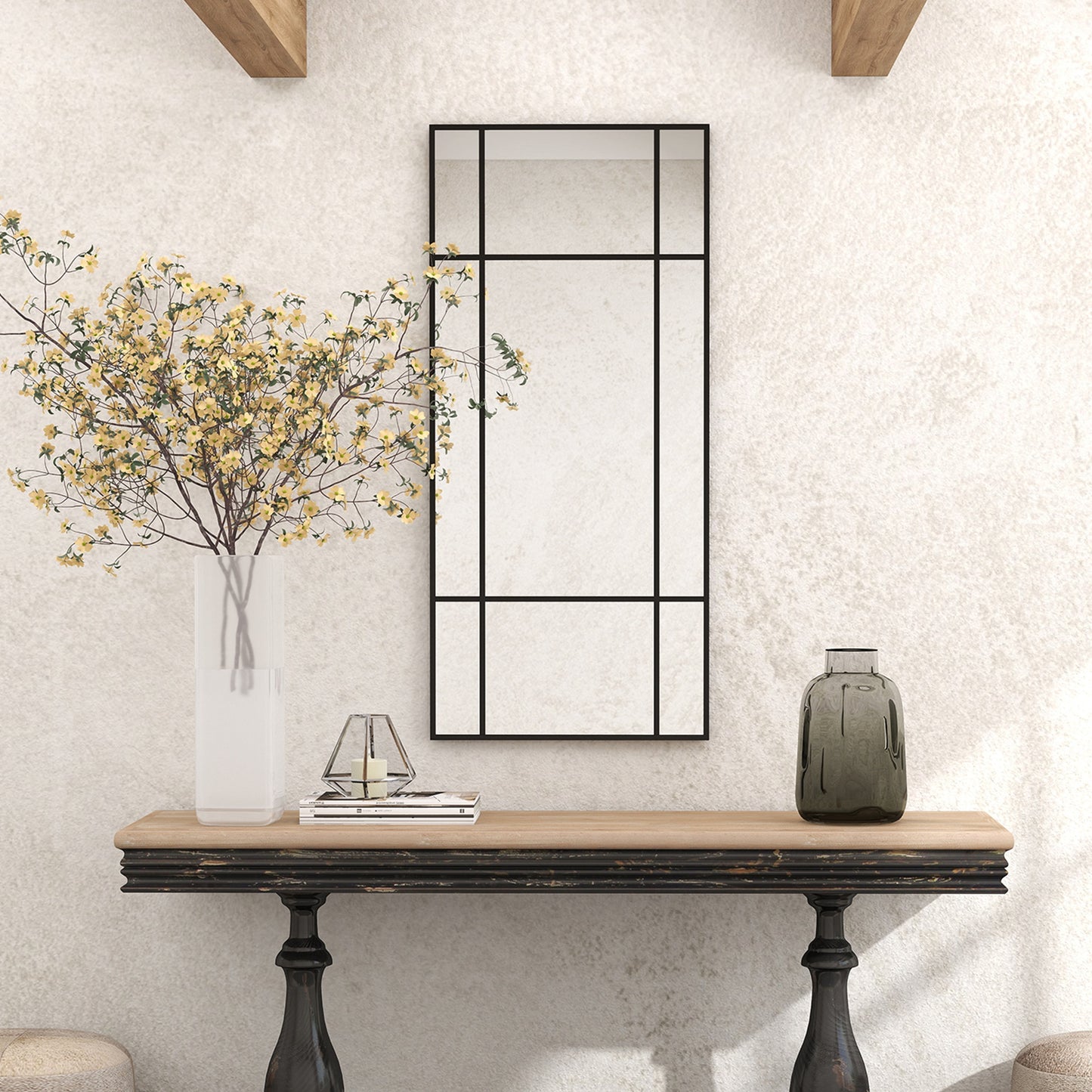 HOMCOM Decorative Grid Wall Mirror, with Back Hooks - Black