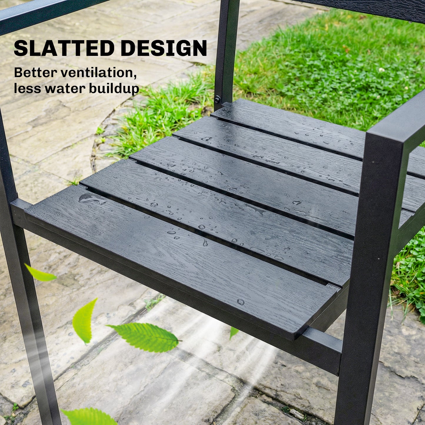 Outsunny Stackable Garden Chairs Set of 4, Garden Dining Chairs with Slatted HDPE Seat Back, Armrests, Metal Frame, Black