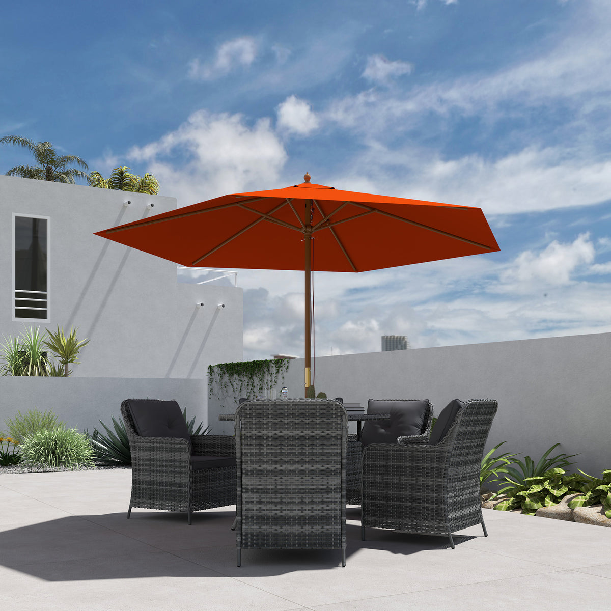 Outsunny 2.5m Wood Garden Parasol Sun Shade Patio Outdoor Wooden Umbrella Canopy, Table Market Umbrella with Vent, 38mm Pole, Rope Pulley Mechanism, Orange