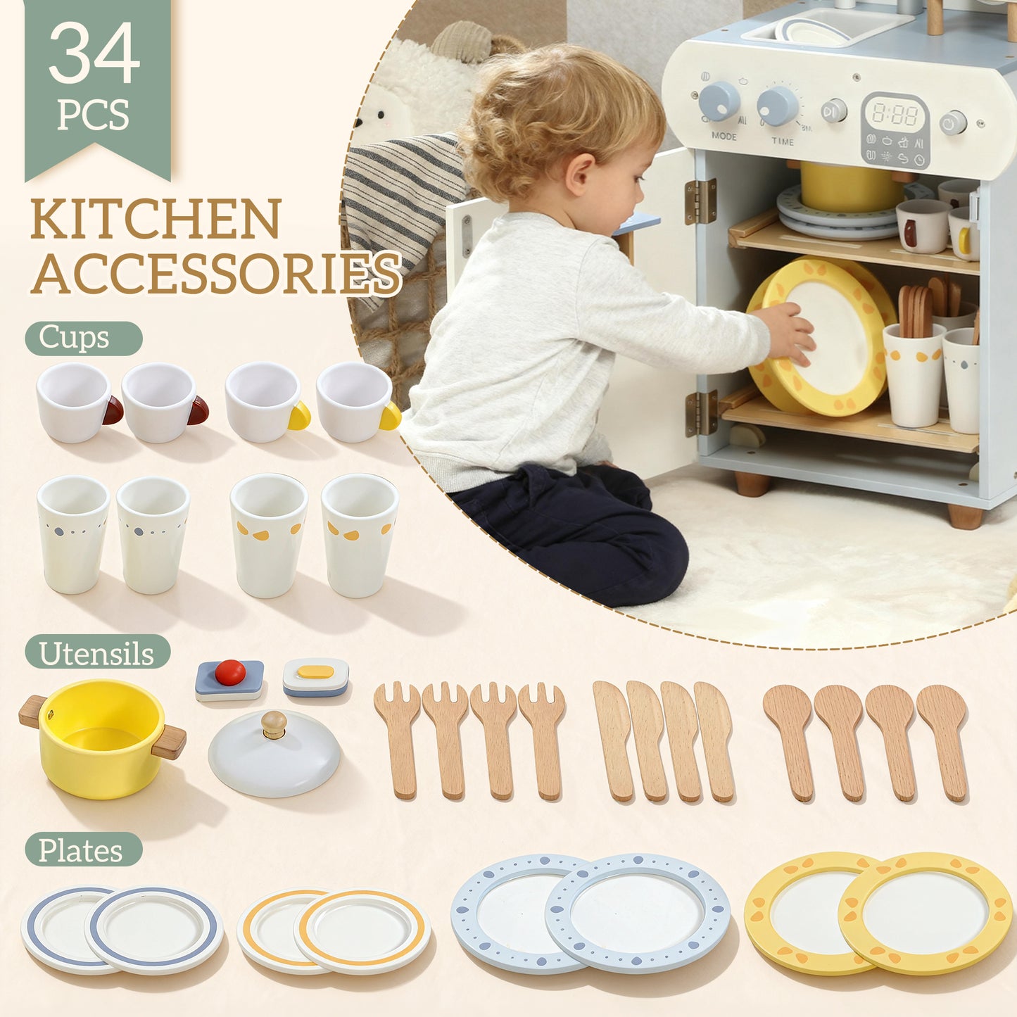 AIYAPLAY Wooden Dishwasher Playset, Kitchen Sink Toys with Faucet, Sink and Accessories, Gift for Boys Girls Toddlers