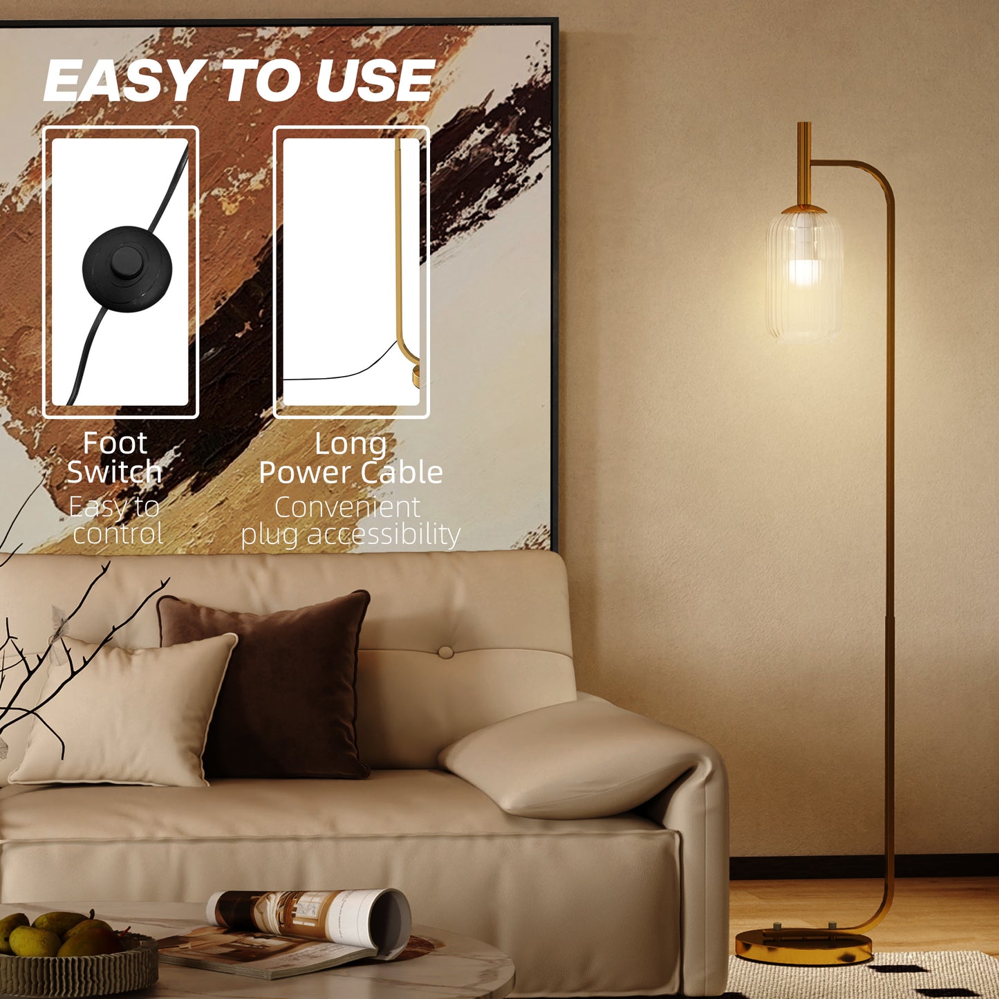 HOMCOM Floor Lamp for Living Room with Glass Lampshade, Modern Standing Lamp with Foot Switch for Bedroom, Bulb not Included, Gold Tone