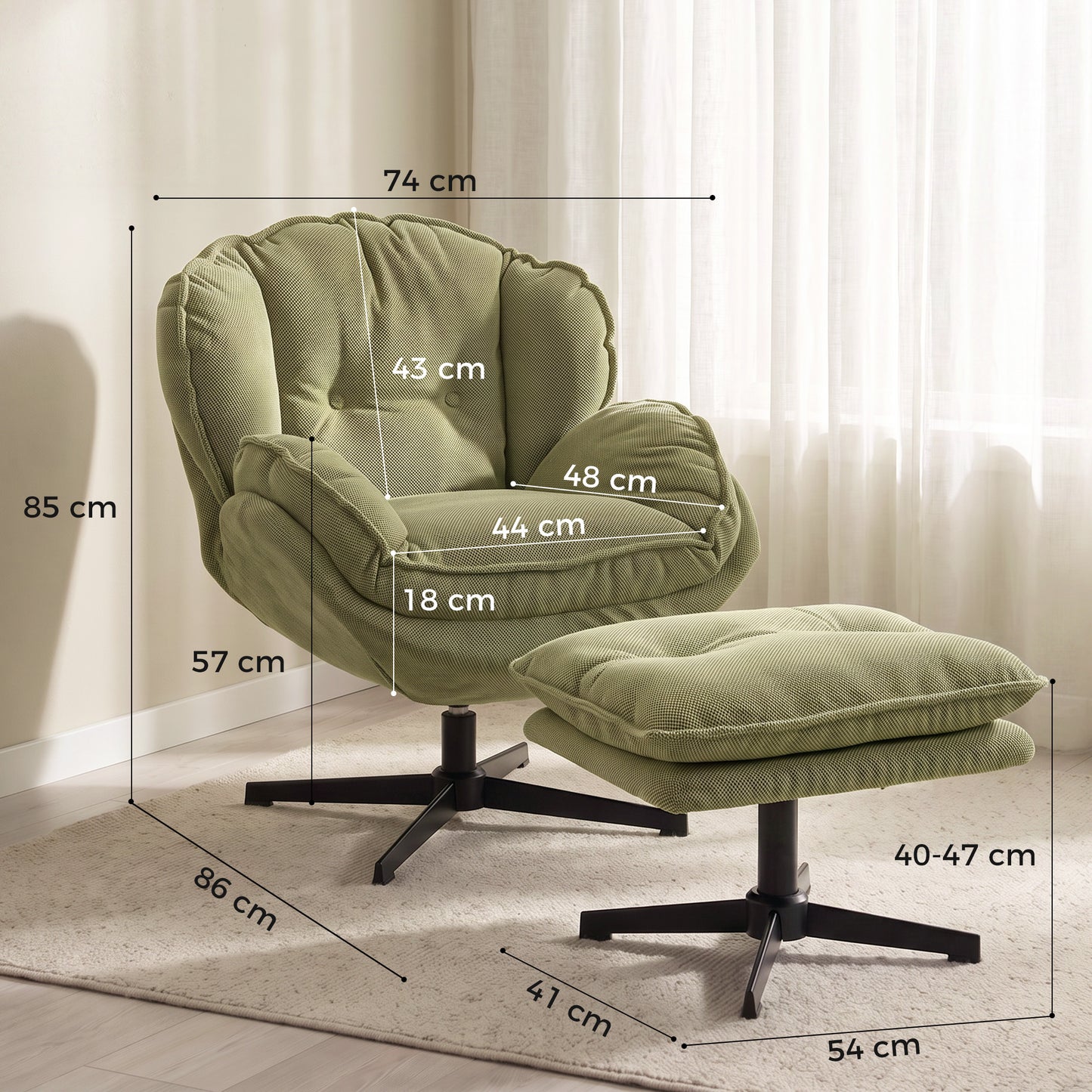 HOMCOM Armchair with Adjustable Footstool, 360° Swivel Chenille Cloud Accent Chair with Thick Cushion, Steel Base, Green
