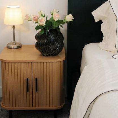 HOMCOM Nightstand with Sliding Doors and Metal Legs Oak Tone