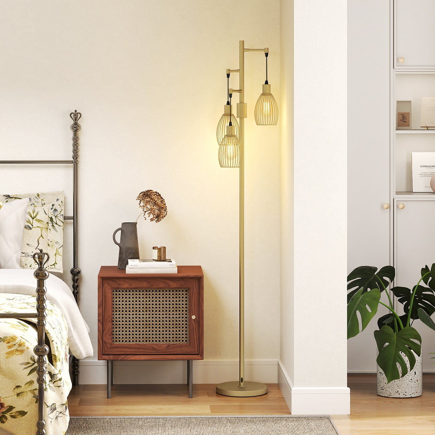 HOMCOM 170.5cm Industrial Dimmable Standing Lamp, 3-Light Floor Lamp with Steel Wire Cage Lampshades, Gold Tone