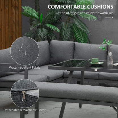 Outsunny 4 Piece L-shaped Garden Furniture Set 8-Seater Aluminium Outdoor Dining Set Conversation Sofa Set w/ Bench, Dining Table & Cushions, Grey