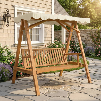 Outsunny 3 Seater Garden Swing Seat with Canopy, Wooden Swing Chair, Outdoor Hammock Bench for Balcony Patio Porch, Cream White