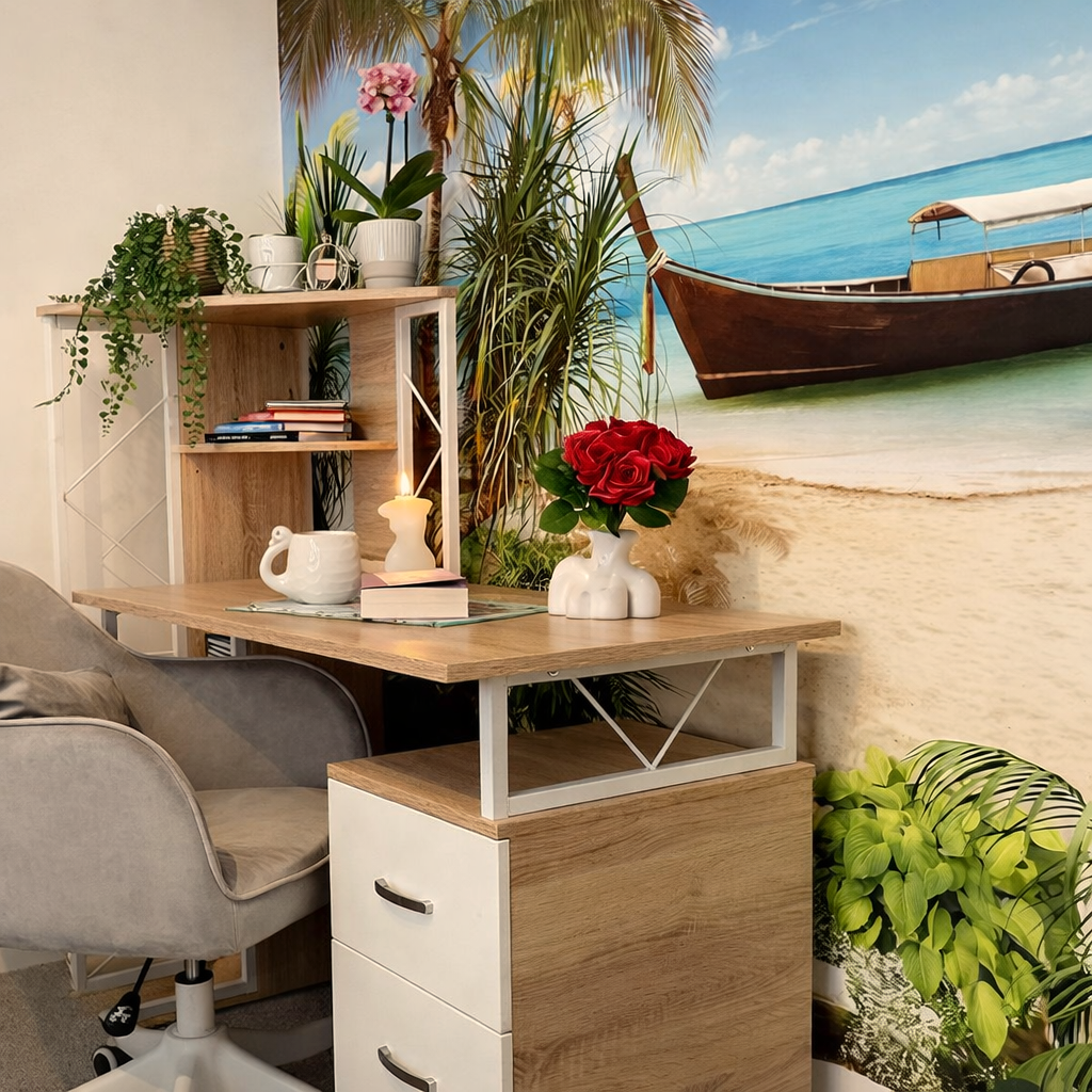 HOMCOM Computer Desk with Drawers and Bookshelf, Writing Desk for Home Office with Storage Shelves, Study Workstation, Oak