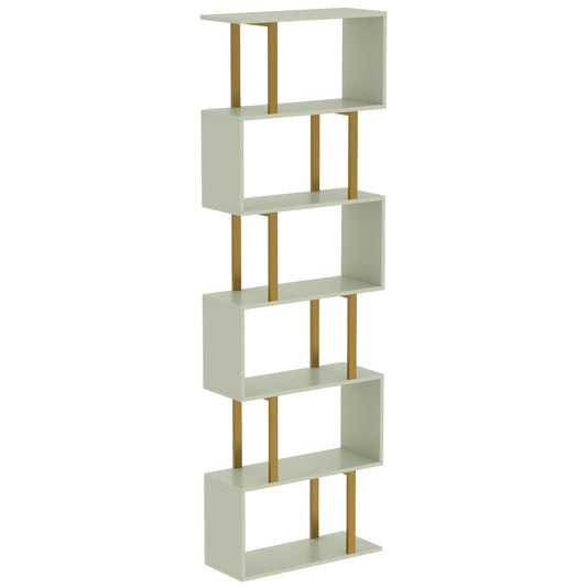 HOMCOM S-Shaped Bookshelf, 6-Tier Bookcase, Freestanding Storage Shelves with Anti-Tip Strap for Living Room, Light Green
