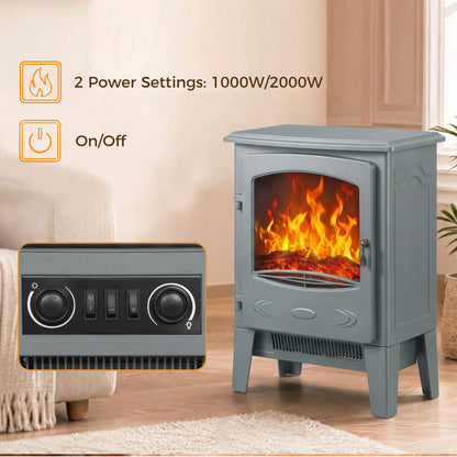 HOMCOM Electric Fireplace, Freestanding Electric Fire with Realistic Flame Effect, Log Burner, 1000W/ 2000W, Grey