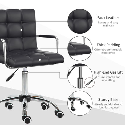 Vinsetto Makeup Vanity Chair, PU Leather Mid Back Office Chair with Adjustable Height, Armrest and Rolling Wheels, Black
