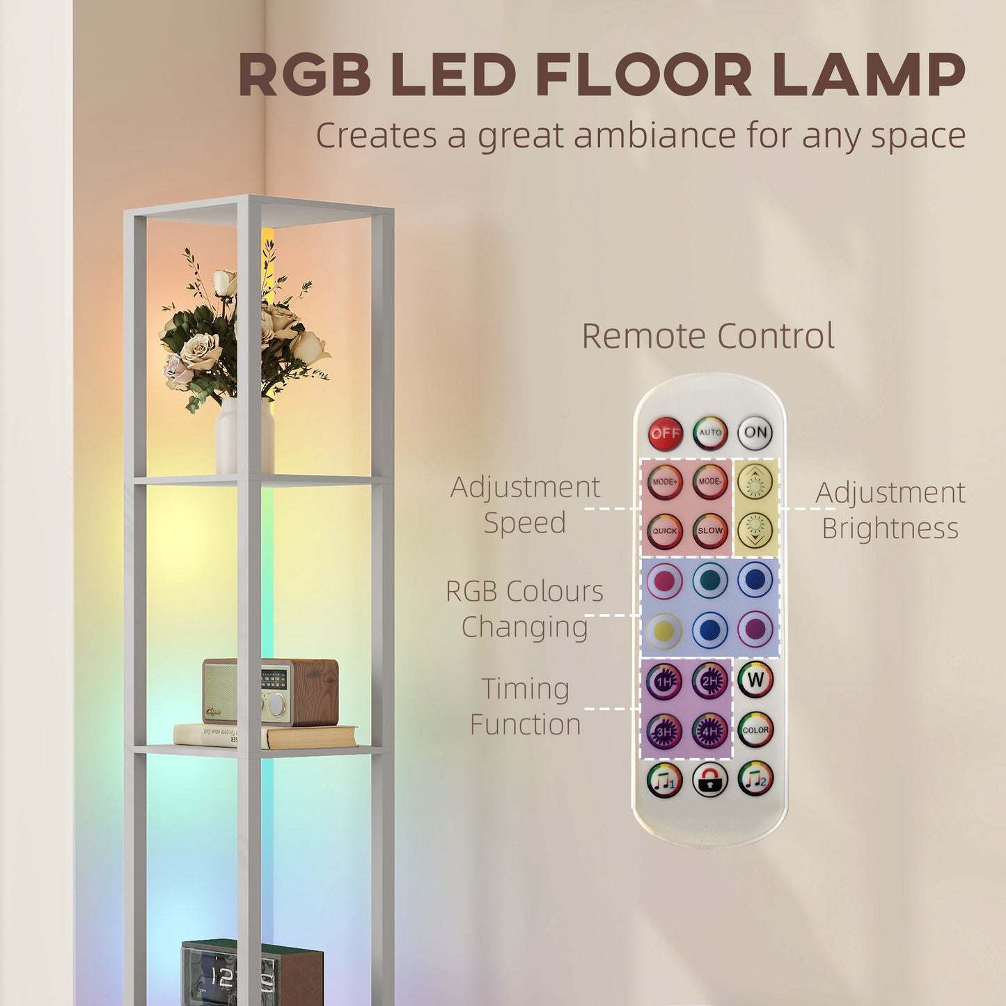 HOMCOM RGB LED Floor Lamp with Shelves, Modern Dimmable Standing Lamp with Remote Control, Adjustable Brightness & Speed for Living Room, Bedroom, Office, Grey
