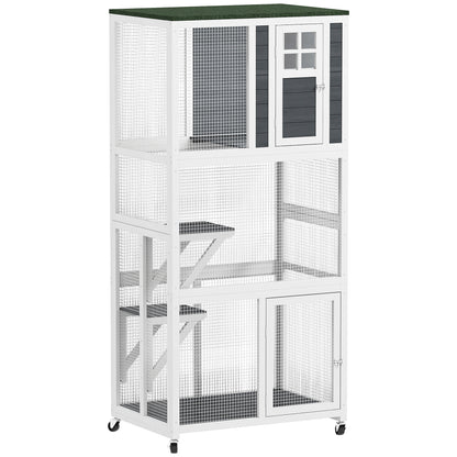PawHut Wooden Catio Cat Outdoor Enclosure, Cat Cage with Waterproof Roof, Platforms, for Multiple Cats, White