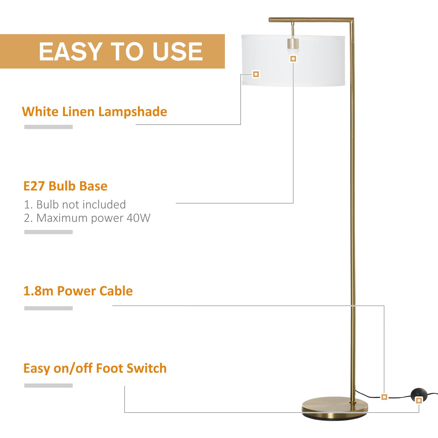 HOMCOM Floor Lamp, Modern Standing Lamp with Linen Lampshade, Round Base for Living Room, Bedroom, Dining Room, 153cm, Gold Tone and White
