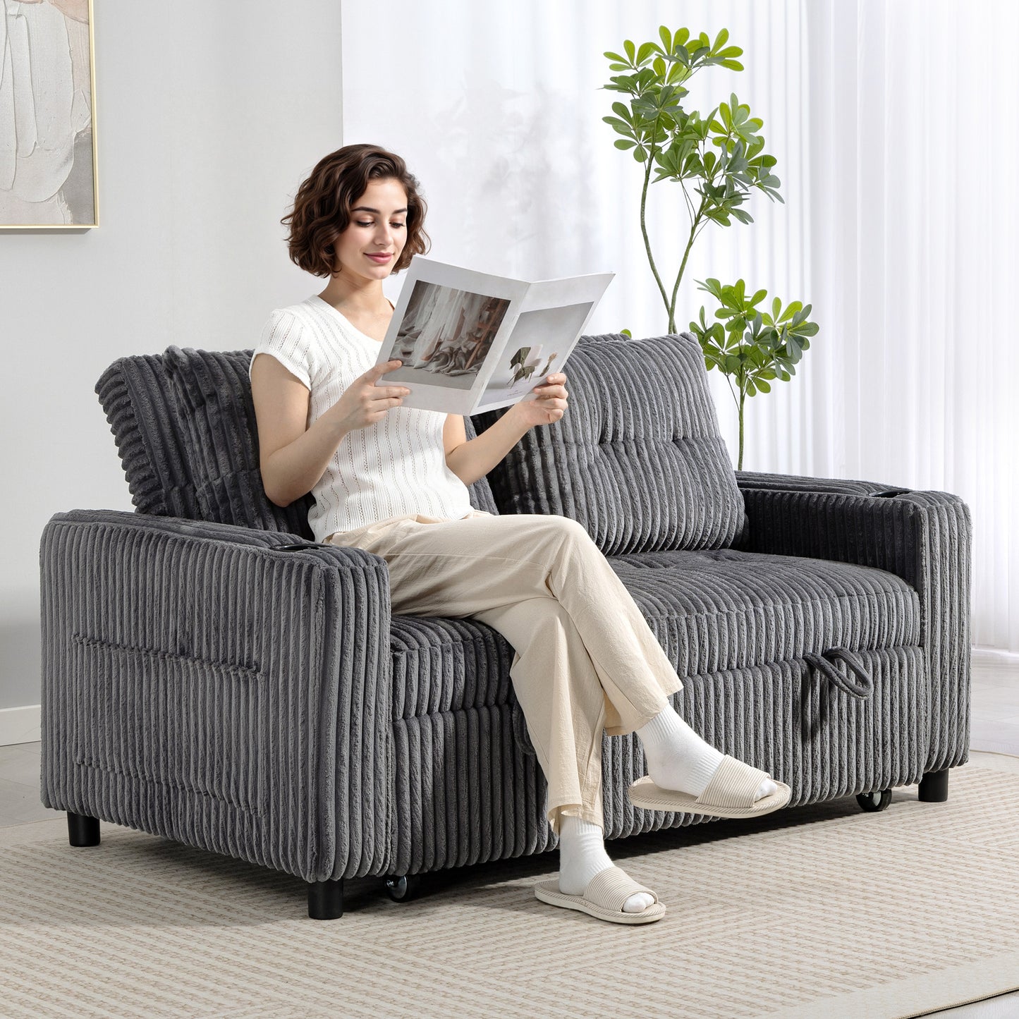 HOMCOM 2 Seater Click Clack Sofa Bed with Pull Out Design, Corduroy Upholstery - Charcoal Grey