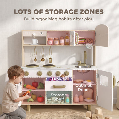 AIYAPLAY Play Kitchen, Kids Kitchen Playset with Rotating Coffee Machine, Storage Shelf, Stove, Gift for Kids 3-6 Years, White