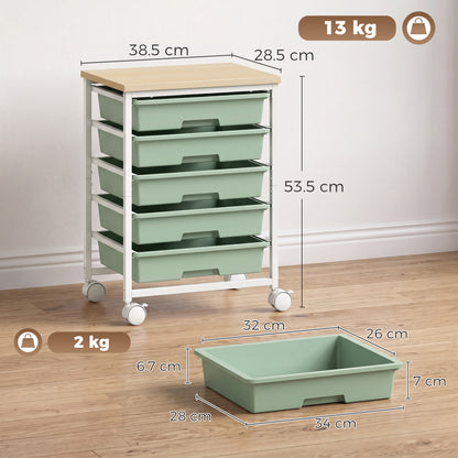 HOMCOM 6-Tier Storage Trolley on Wheels, Metal Kitchen Rolling Cart with 5 Pull-Out Drawers, Green