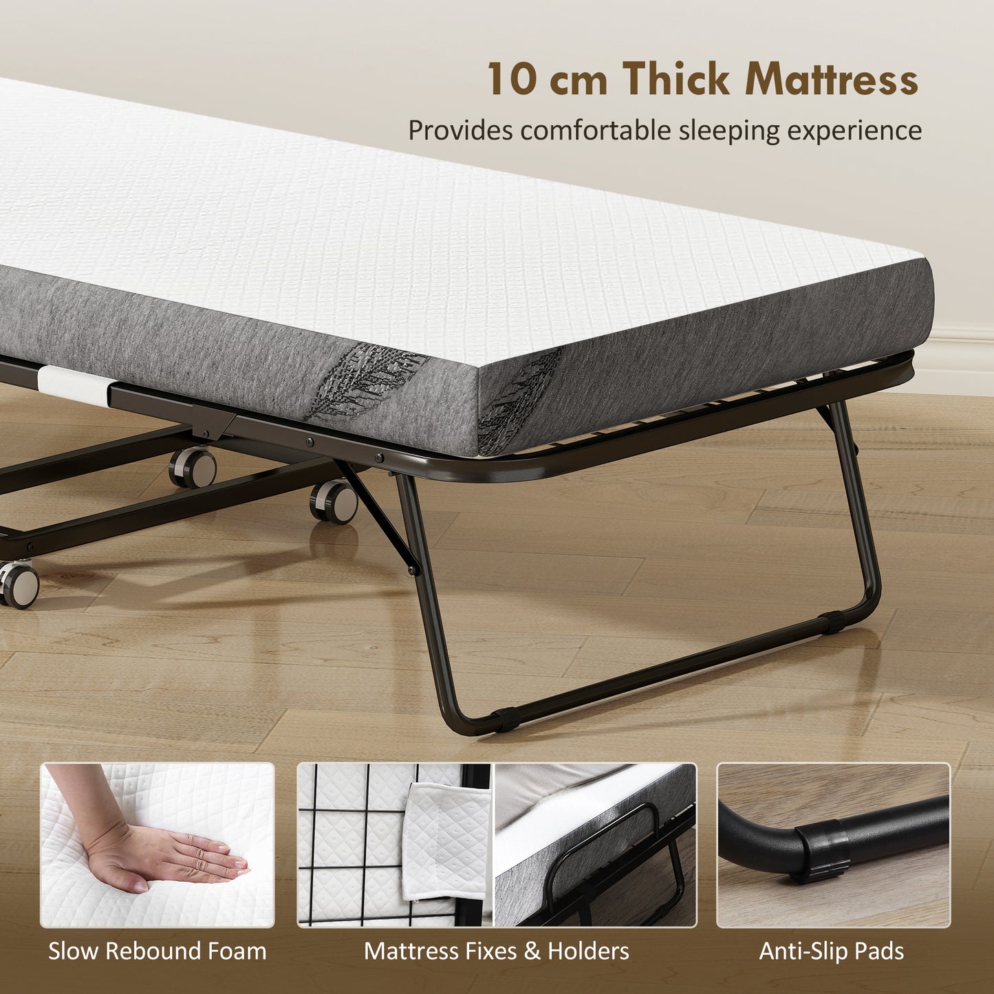 HOMCOM Folding Bed with 10cm Mattress, Portable Foldable Guest Bed with Sturdy Metal Frame on Wheels