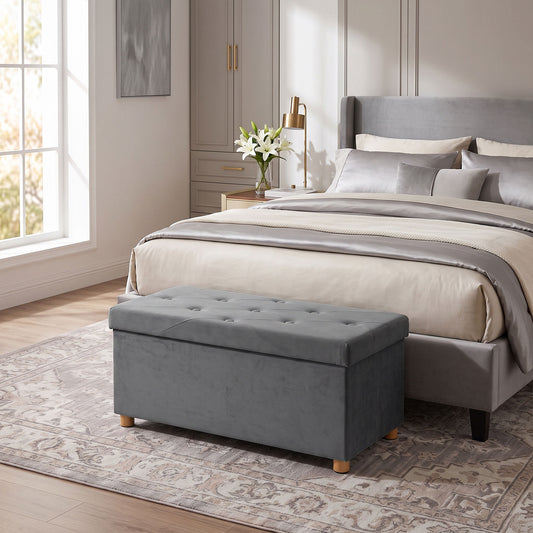 HOMCOM Velvet Upholstered Foldable Ottoman Footrest, Storage Ottoman Bench with Wood Legs for Living Room, Grey