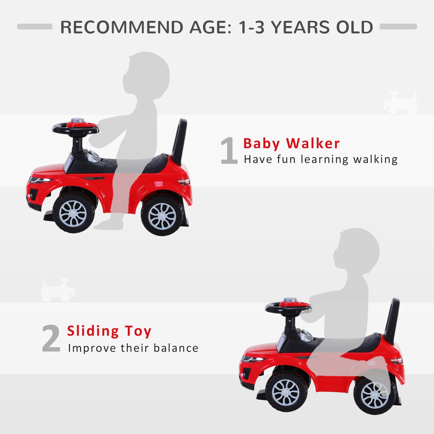 HOMCOM 3-in-1 Ride On Car Foot To Floor Slider Toddler w/ Horn Steering Wheel NO POWER Manual Under Seat Storage Secure Design for 1-3 Year Old Red