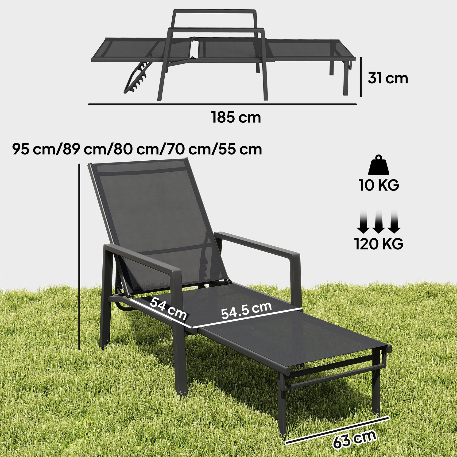 Outsunny Sun Lounger Retractable Footrest 5-Position Adjustable Steel Frame for Beach, Porch, Patio, Camping, Black--ChewyGames-ChewyGames