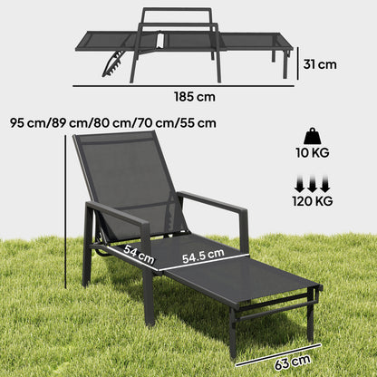 Outsunny Sun Lounger Retractable Footrest 5-Position Adjustable Steel Frame for Beach, Porch, Patio, Camping, Black--ChewyGames-ChewyGames