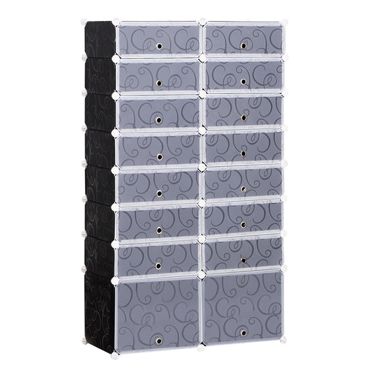 HOMCOM 16 Cube Shoe Rack, 2 x 8 Tier Shoe Storage Cabinet, Modular Plastic Shelves for Bedroom, Living Room and Entryway, Space Saving Footwear Organizer, 32 Pairs, White and Black--ChewyGames-ChewyGames