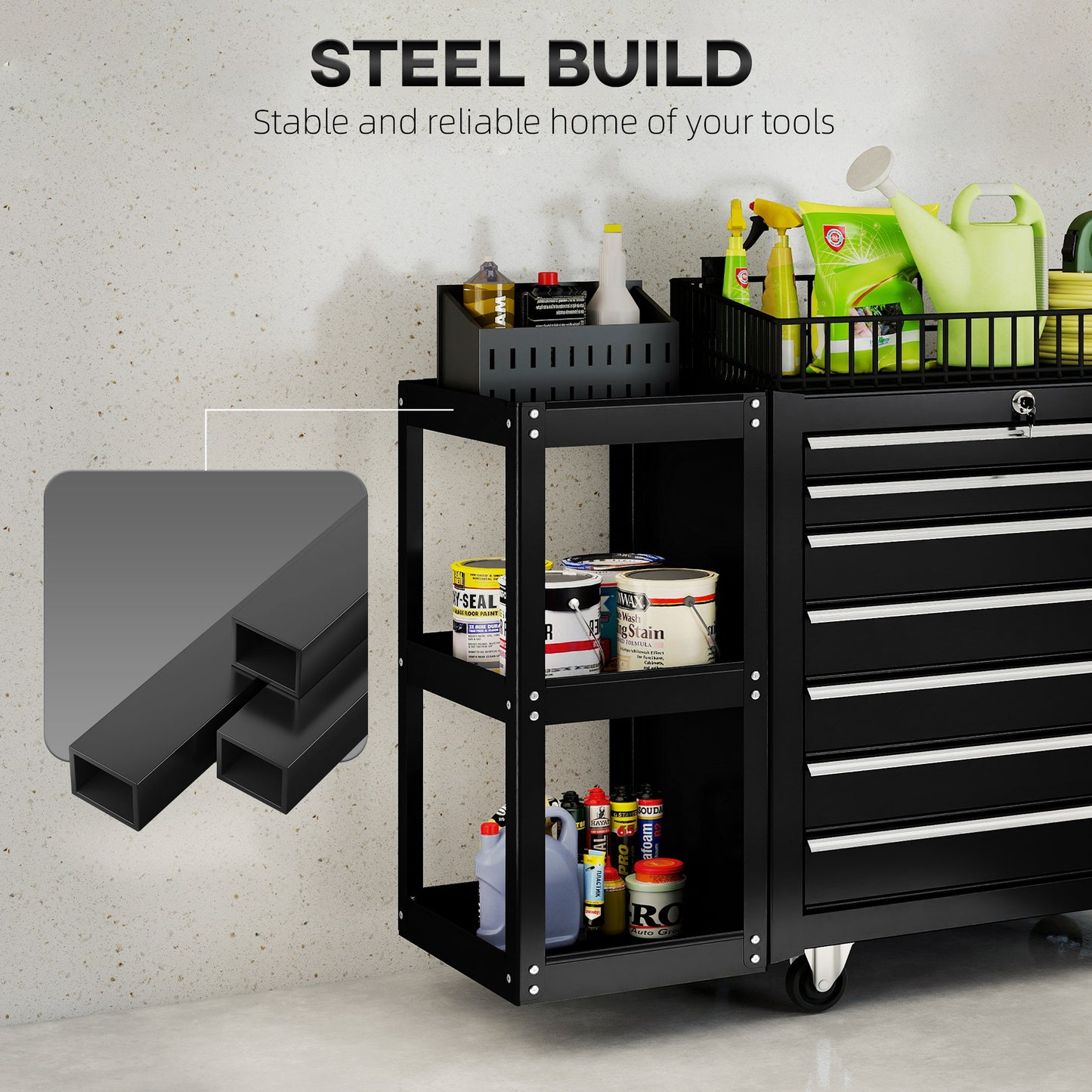 HOMCOM Lockable Steel Tool Chest on Wheels, 7 Drawer Tool Box with Handle for Workshop, Garage, Black