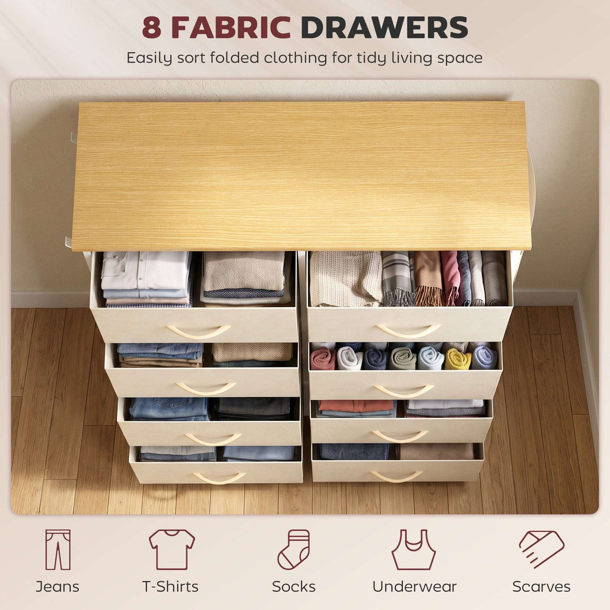 HOMCOM Chest of Drawers, Dresser with 8 Fabric Drawers, Tall Storage Unit with 4 Pockets and 2 Hooks Steel Frame, Beige