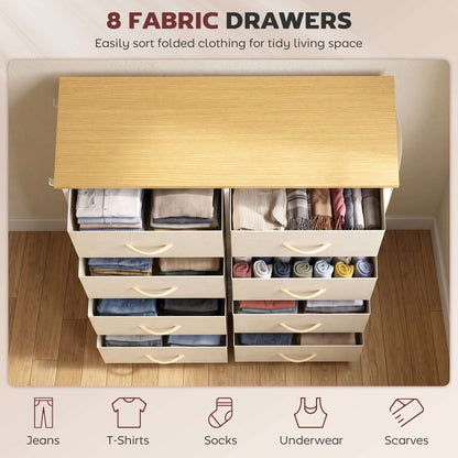 HOMCOM Chest of Drawers, Dresser with 8 Fabric Drawers, Tall Storage Unit with 4 Pockets and 2 Hooks Steel Frame, Beige