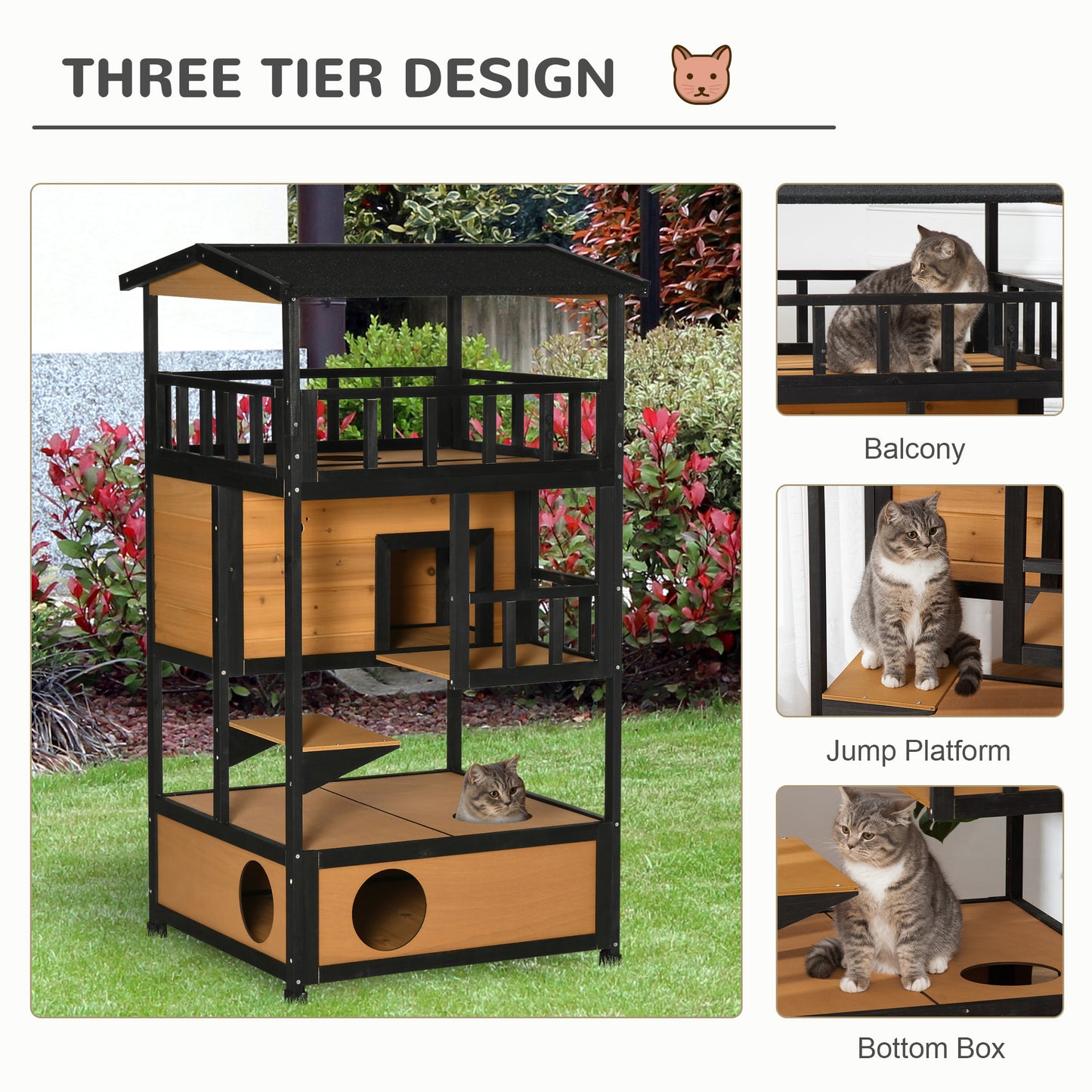 PawHut Wooden Outdoor Cat House, 3-Tier Cat Shelter with Tilted Roof, Terrace, Jump Step, Bottom Tray, Yellow