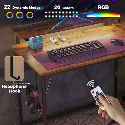 HOMCOM Reversible 'L' LED Light Gaming/Work Desk - Rustic Brown