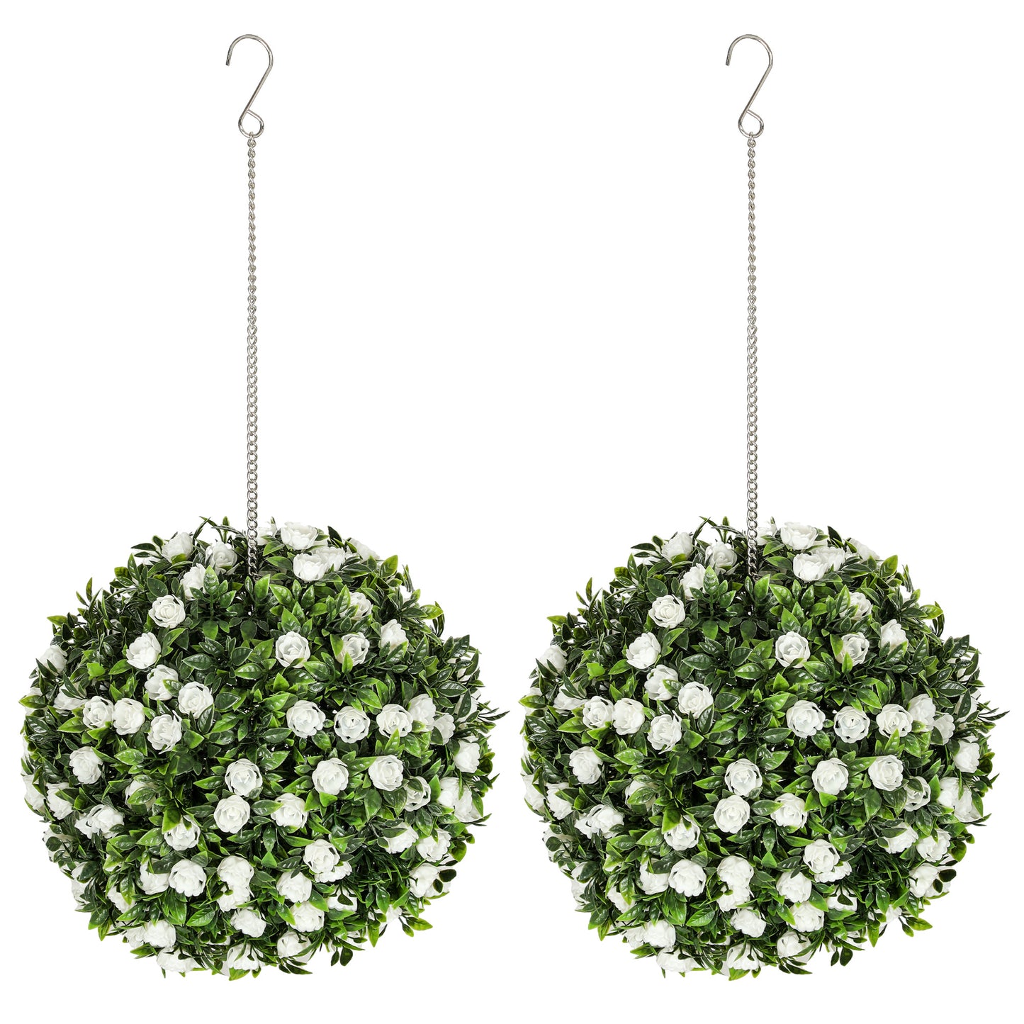 HOMCOM Set of 2 Decorative Artificial Plants, UV-protected Artificial Plant Topiary Rose Balls, Fake Plants for Home Indoor outdoor Decor, 28cm, White-Artificial Non-Flowering Plants-ChewyGames-ChewyGames