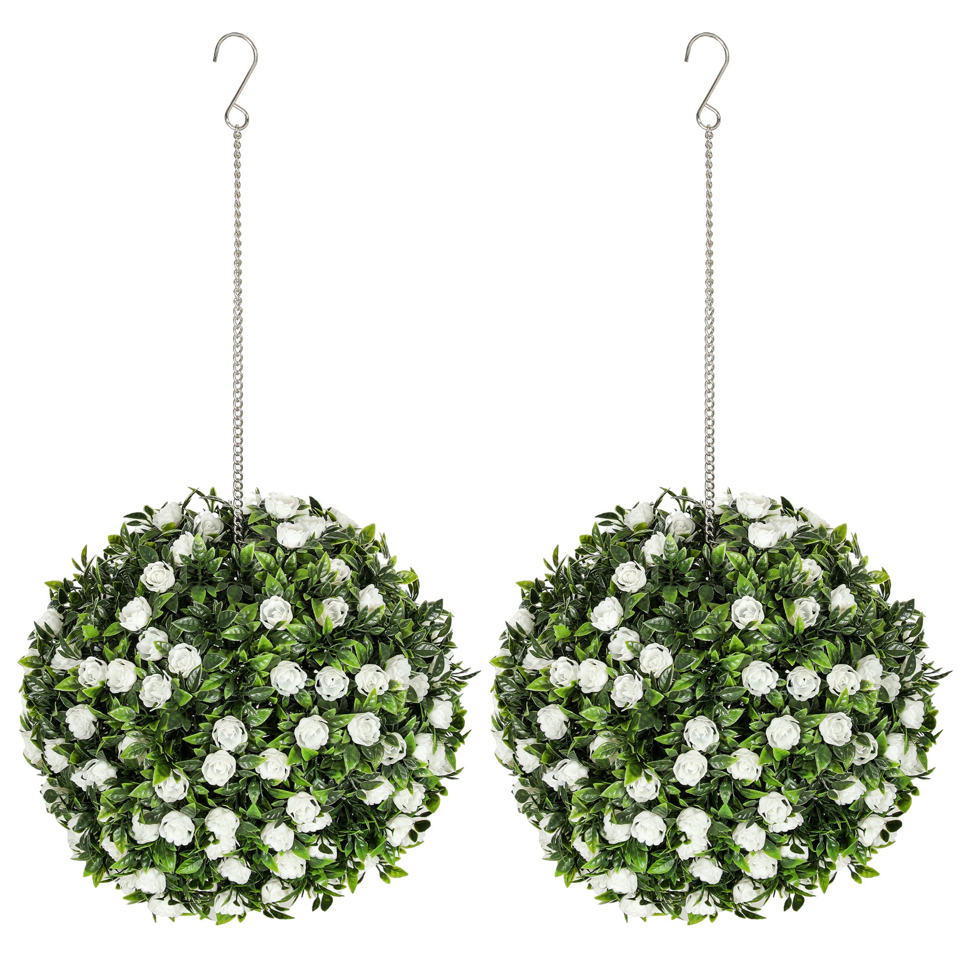 HOMCOM Set of 2 Decorative Artificial Plants, UV-protected Artificial Plant Topiary Rose Balls, Fake Plants for Home Indoor outdoor Decor, 28cm, White-Artificial Non-Flowering Plants-ChewyGames-ChewyGames