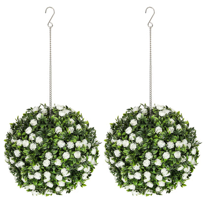 HOMCOM Set of 2 Decorative Artificial Plants, UV-protected Artificial Plant Topiary Rose Balls, Fake Plants for Home Indoor outdoor Decor, 28cm, White-Artificial Non-Flowering Plants-ChewyGames-ChewyGames