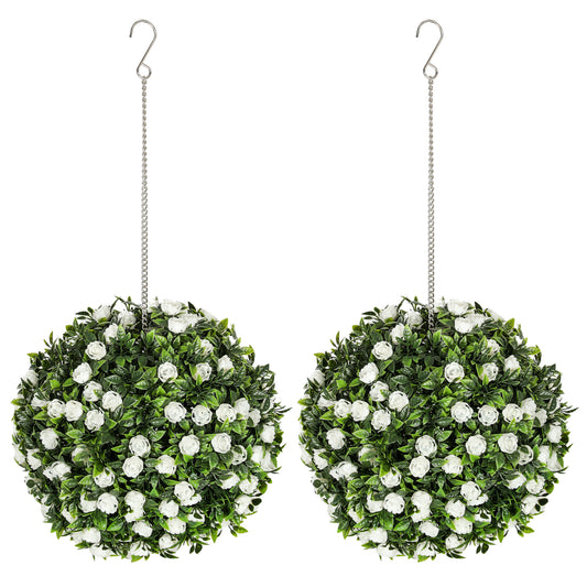 HOMCOM Set of 2 Decorative Artificial Plants, UV-protected Artificial Plant Topiary Rose Balls, Fake Plants for Home Indoor outdoor Decor, 28cm, White-Artificial Non-Flowering Plants-ChewyGames-ChewyGames