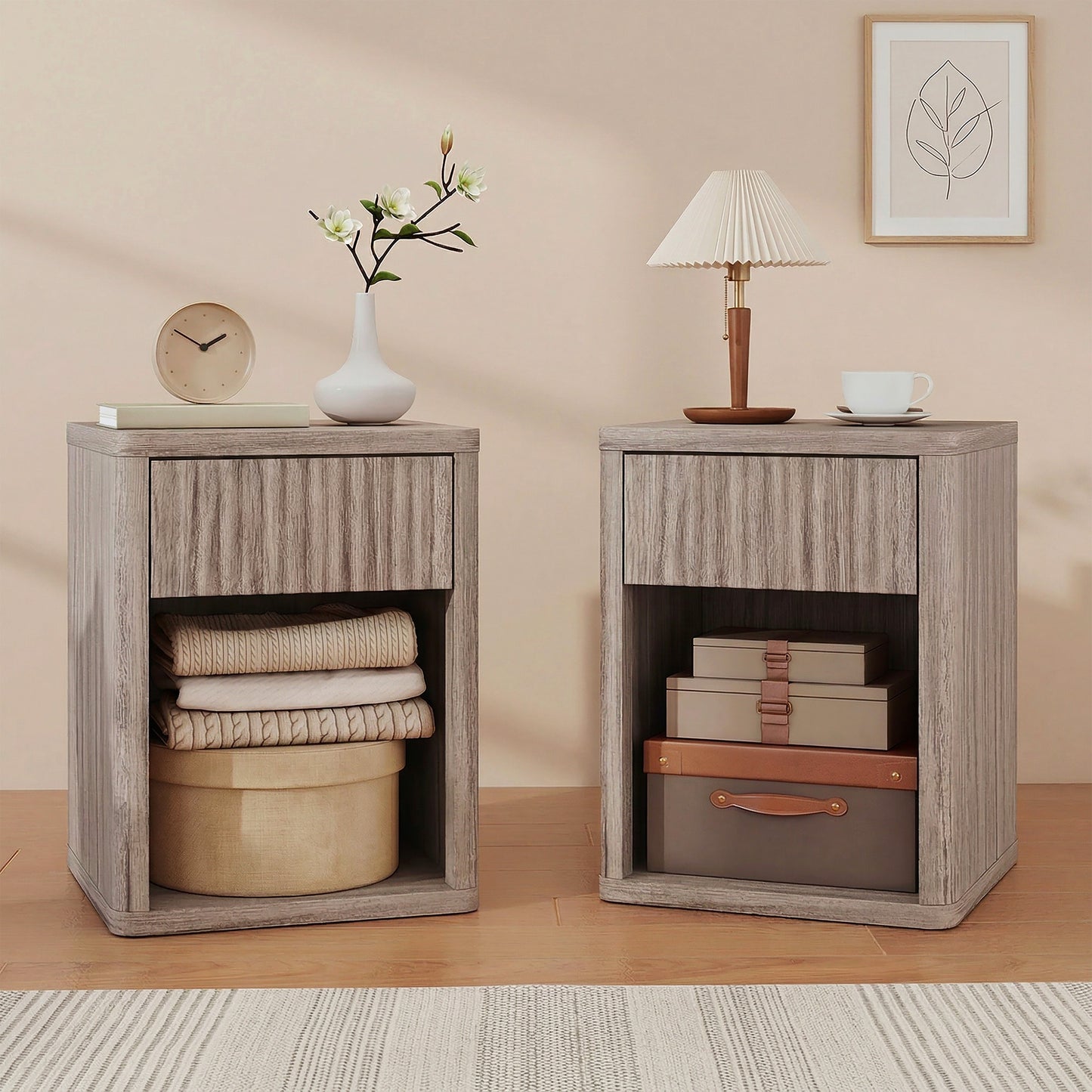 HOMCOM Modern Bedside Table Set of 2, Bedside Cabinet with Drawer and Open Shelf, Side End Table, Nightstand for Bedroom, Oak