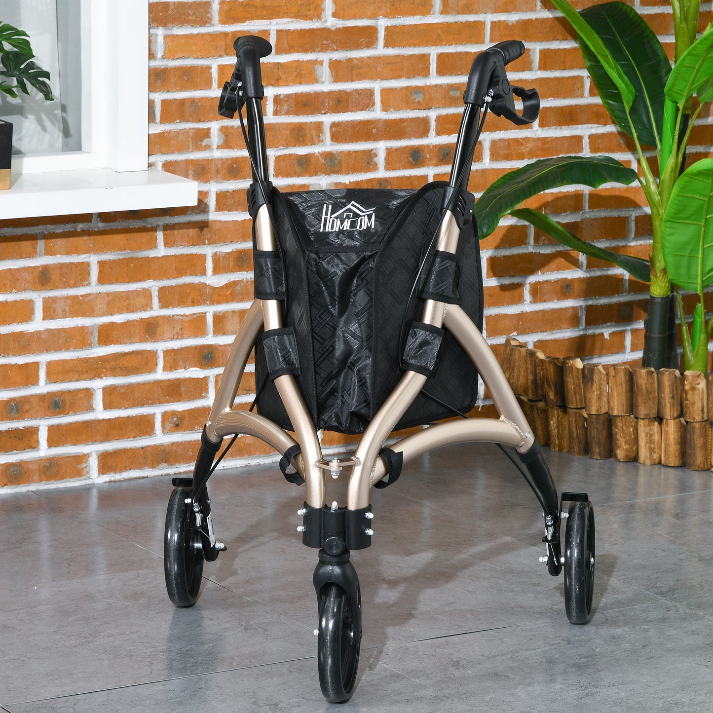 HOMCOM 3 Wheel Rollator, Lightweight Aluminium Tri Walker with Adjustable Handle, Storage Bag and Dual Brakes, 5.3kg, Gold Tone