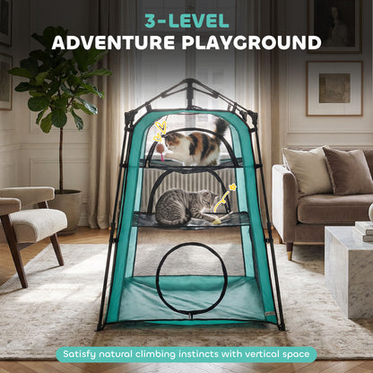 PawHut Cat Tent, 3-Tier Portable Pet Tent for Indoor Outdoor, Cat House with Multi-Door, Carry Bag, Breathable Mesh