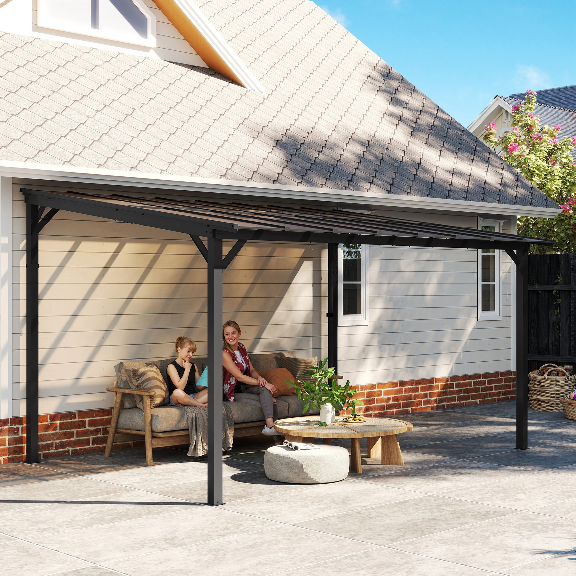 Outsunny 3 x 4.3 m Lean to Pergola with UPF 50+ Waterproof Polycarbonate Roof, Wall-Mounted or Free Standing Hardtop Roof Garden Metal Pergola Gazebo, Heavy Duty Outdoor Sun Shade, Dark Grey--ChewyGames-ChewyGames