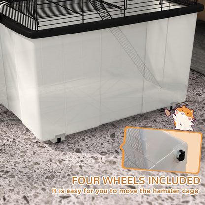 PawHut Two-Tier Gerbil Cage, Hamster Cage for Dwarf Hamster w/ Wheels, Deep Bottom, Food Dish, Water Bottle